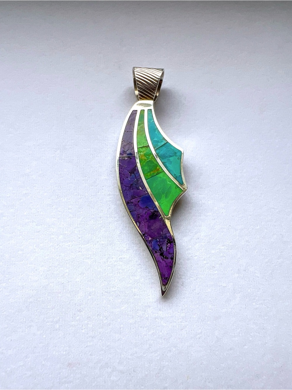 VTG Jay King Sterling Silver Turquoise Inlay Flame Pendant Blue Green Purple 3"